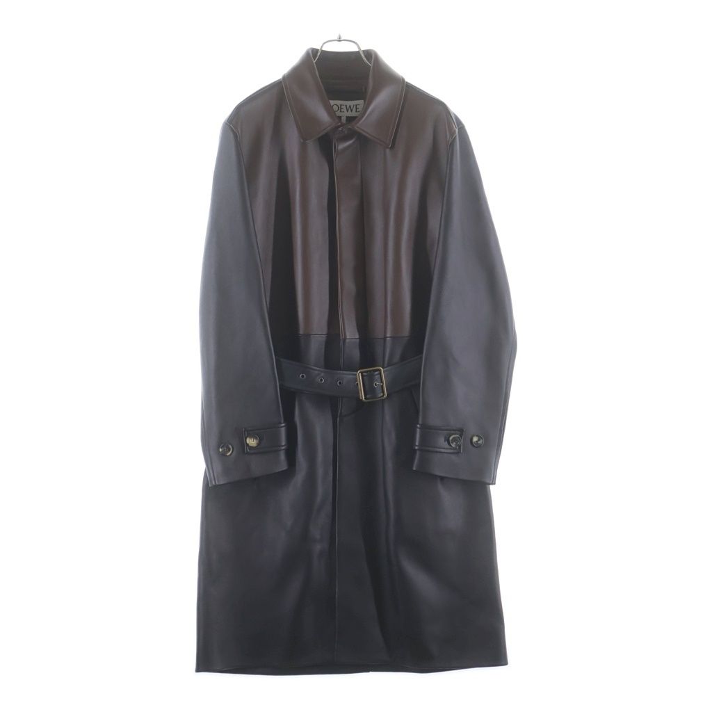 LOEWE (ロエベ) COAT NAPPA LAMBSKIN メローナパラムスキン 切り替えデザイン レザーロングコート ブラック/ブラウン H526Y18LB4