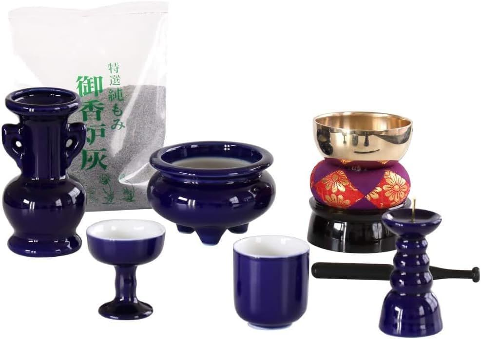 仏具セット 瑠璃色 無地 ルリ 陶器 5点+おりんセット 香炉灰付 モダンミニ仏壇用 shu 0038cce5