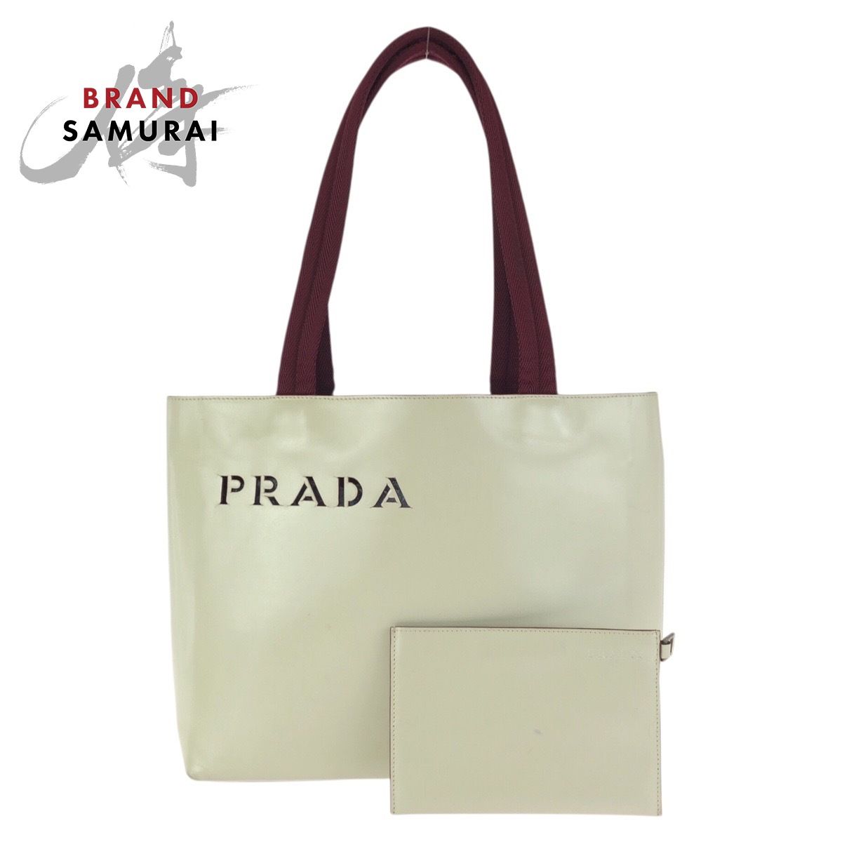 美品 PRADA プラダ パンチングロゴ ライトベージュ アイボリー ボルドー レザー ショルダーバッグ トートバッグ レディース 602278【中古】
