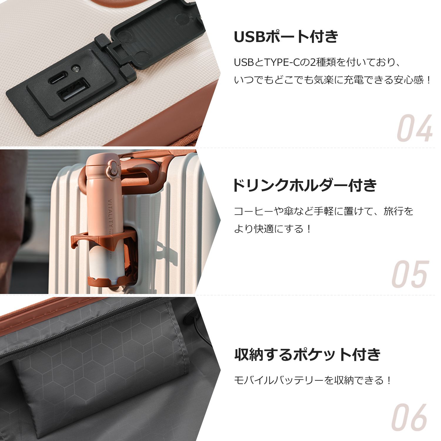キャリーケース Sサイズ スーツケース USB充電ポート付き カップ