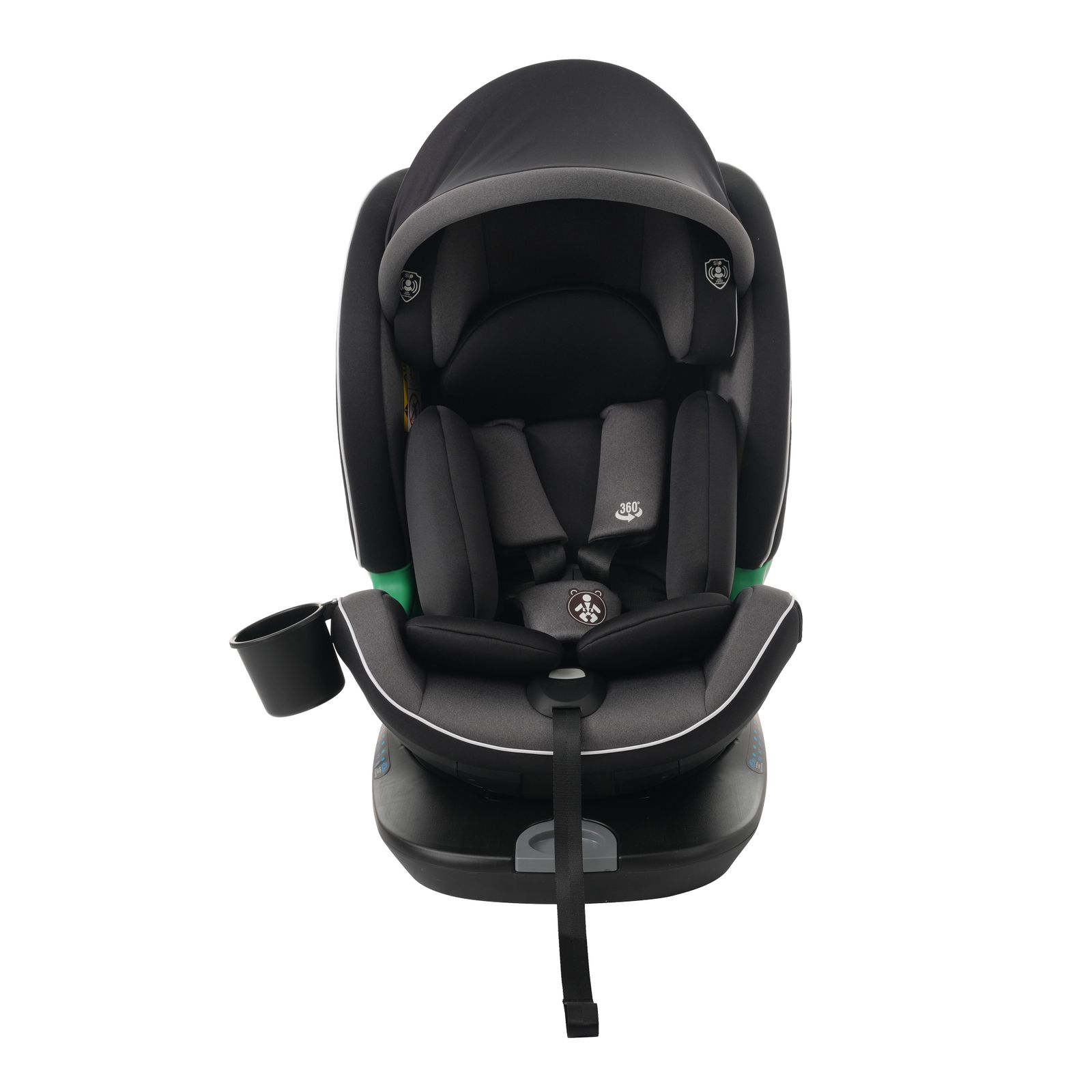 【トップテザータイプ】チャイルドシート 新生児 ISOFIX 0歳～12歳 360度回転式 40～150cm ジュニアシート 調節可能 洗える キャノピー付き ベビーシート ドリンクホルダー付き 出産祝い 車【ブラック+グレー】