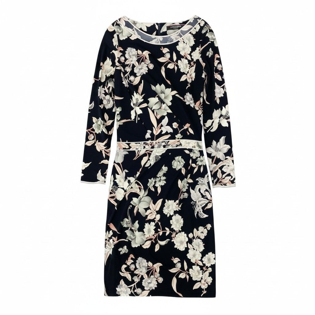 13e8 LEONARD FASHION レオナール ロングスリーブワンピース 美しい花柄プリント カンカン素材 ウエスト切替 0160223 サイズ36 ブラック レディース 女性用u02t