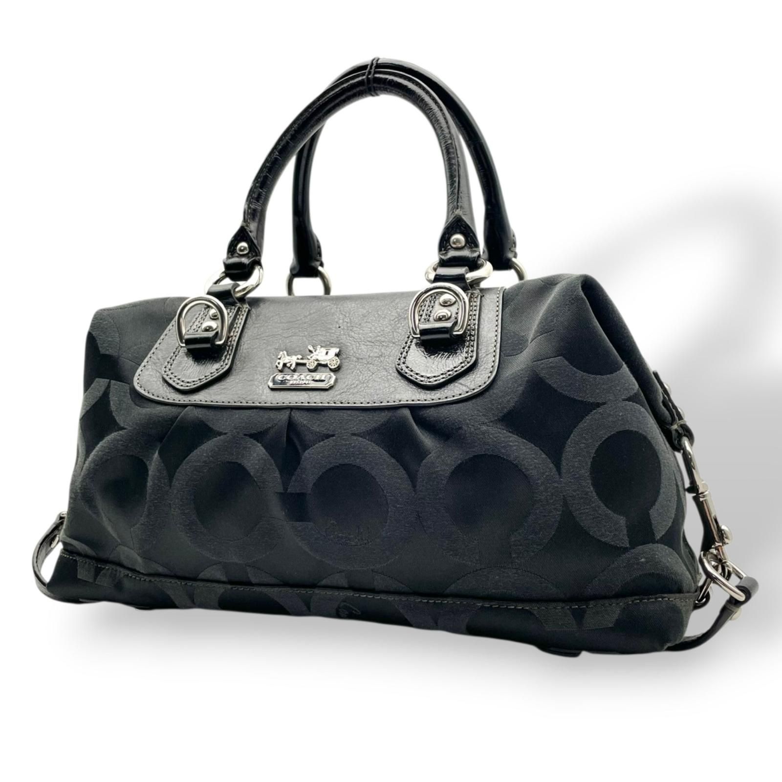 良品 コーチ COACH マディソン オプアート サテン ソフィア サッチェル 2WAY ハンドバッグ ショルダーバッグ キャンバス レザー ブラック 黒 12947 シルバー金具 エレガント クラシック 普段使い 通勤 通学 レディース 定番 S69