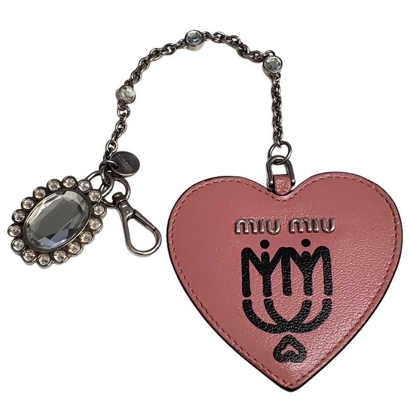 MIU MIU ミュウミュウ ハートミラーチャーム ピンク レザー キーリング レディース 【中古】 32605K78