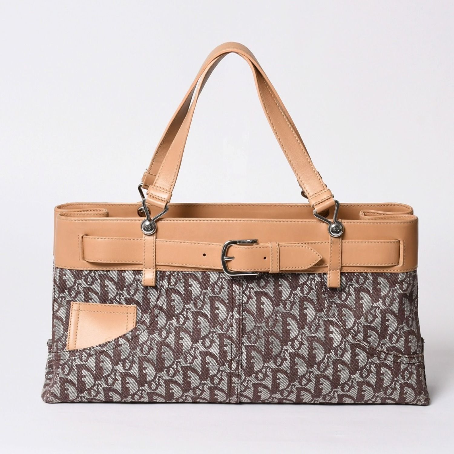 極美品 Christian Dior クリスチャンディオール トロッター ハンドバッグ ブラウン キャンバス レザー シルバー金具 中古 4a001599