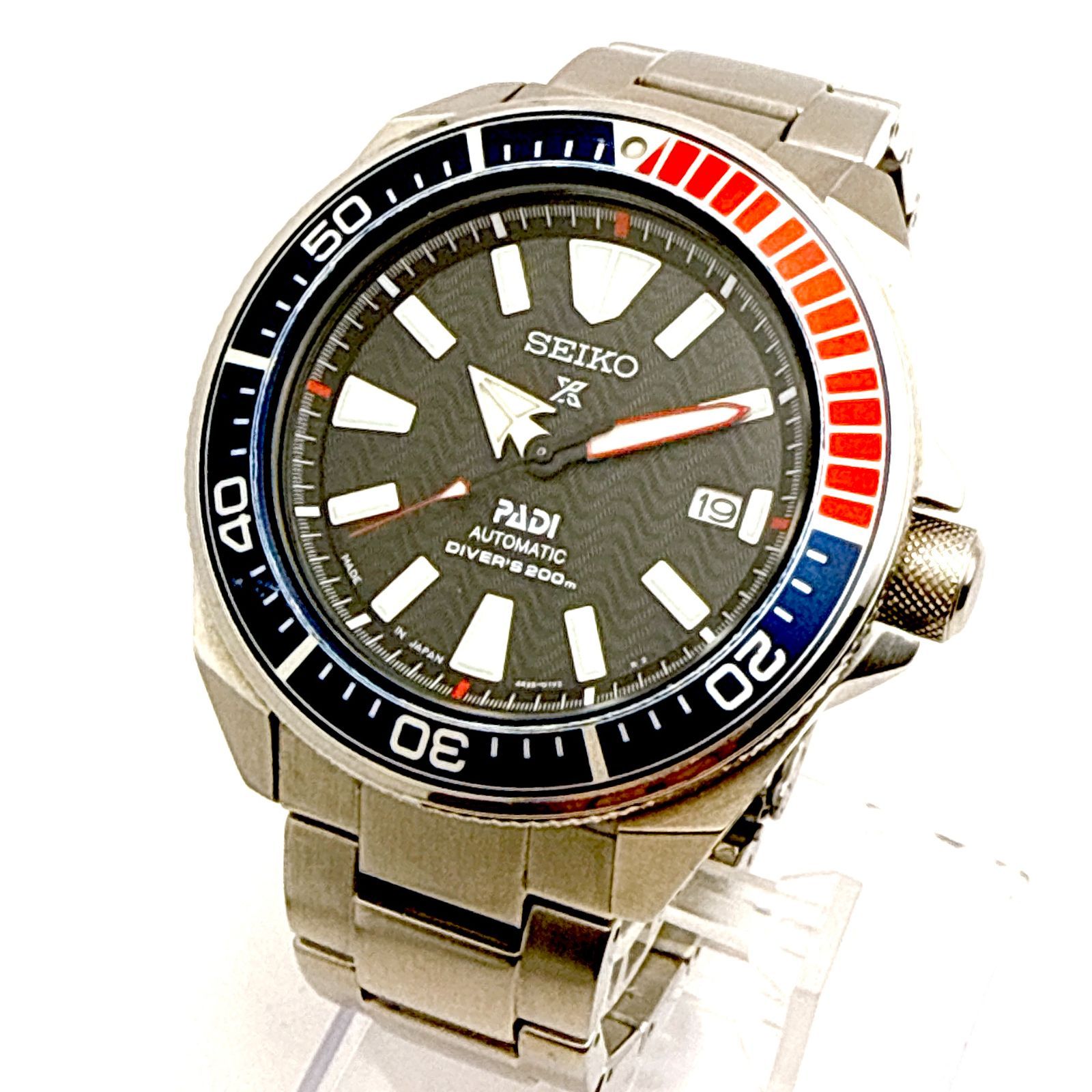 B146【PADI・ペプシカラー・余りコマ有】 SEIKO PROSPEX SAMURAI ダイバーズ 自動巻き メンズウォッチ
