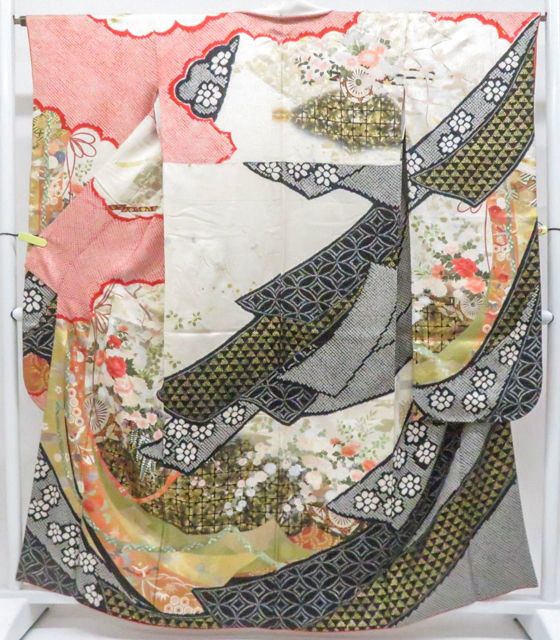 【一輝堂】振袖 絞り 金彩 鳳凰 花車 着物 正絹 身丈約160.5cm 裄丈約64cm 26z04-2195