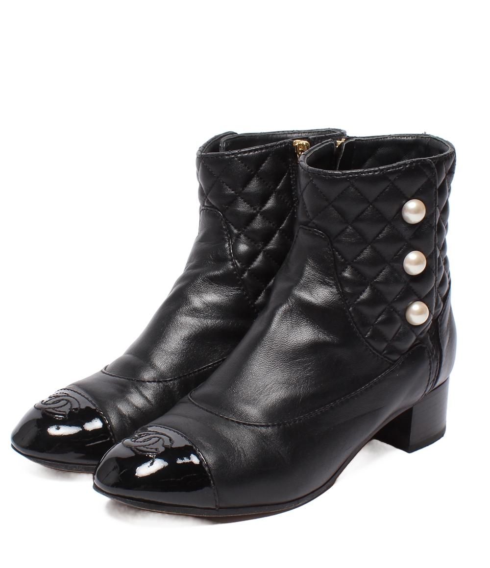 シャネル ショートブーツ サイドファスナー パール マトラッセ ゴールド金具 G34074 レディース SIZE 38 (24cm) CHANEL