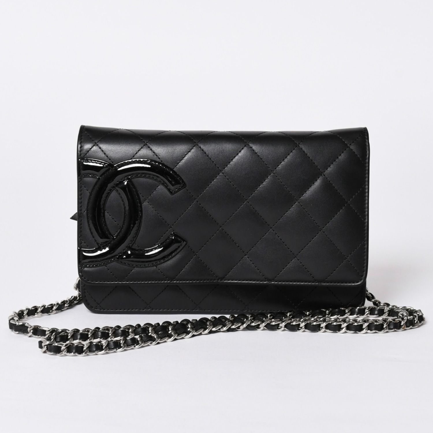 極美品 CHANEL シャネル カンボンライン ココマーク チェーンウォレット 19番台 ブラック ピンク ラムスキン シルバー金具 中古 4a001626