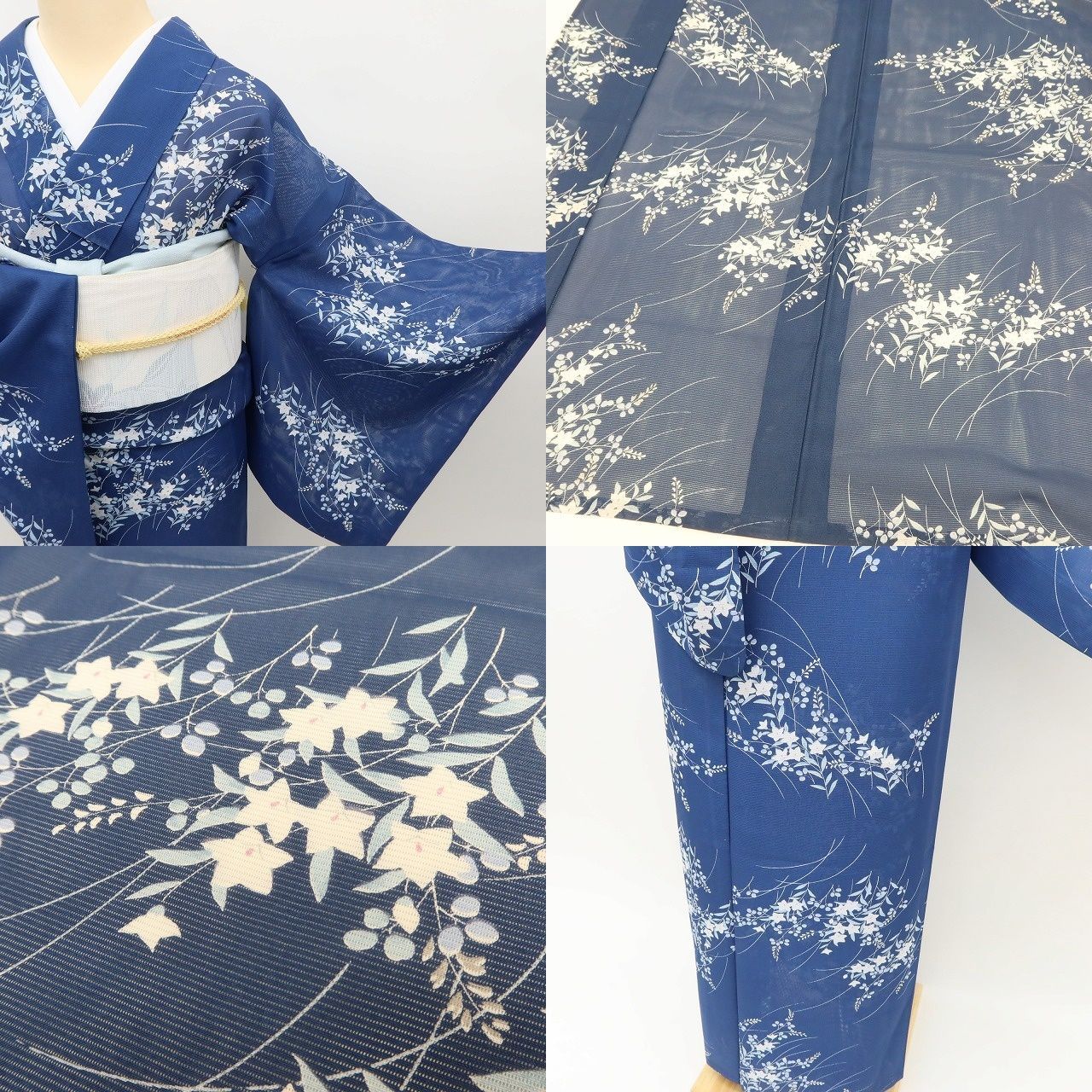 ✾まめ藤✾m3056＊美品 洗える夏着物 絽❀風に舞う萩と桔梗❀トール
