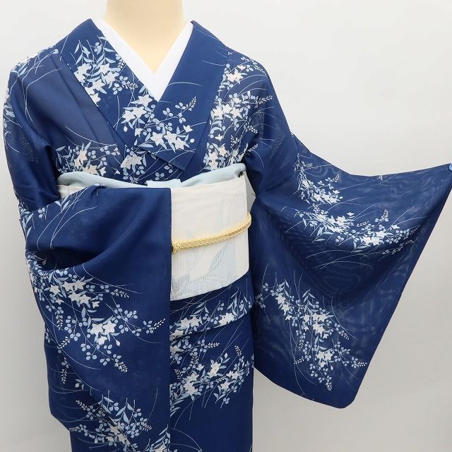 ✾まめ藤✾m3056＊美品 洗える夏着物 絽❀風に舞う萩と桔梗❀トール