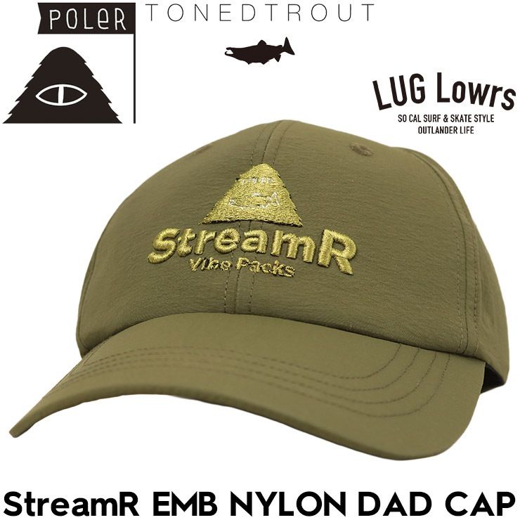 POLeR ポーラー キャップ メンズ ベースボールキャップ 帽子 ローキャップ フィッシングキャップ TONEDTROUT コラボ トーンドトラウト StreamR EMB NYLON DAD CAP 261MCV0140 OLV 26SP 日本代理店正規品