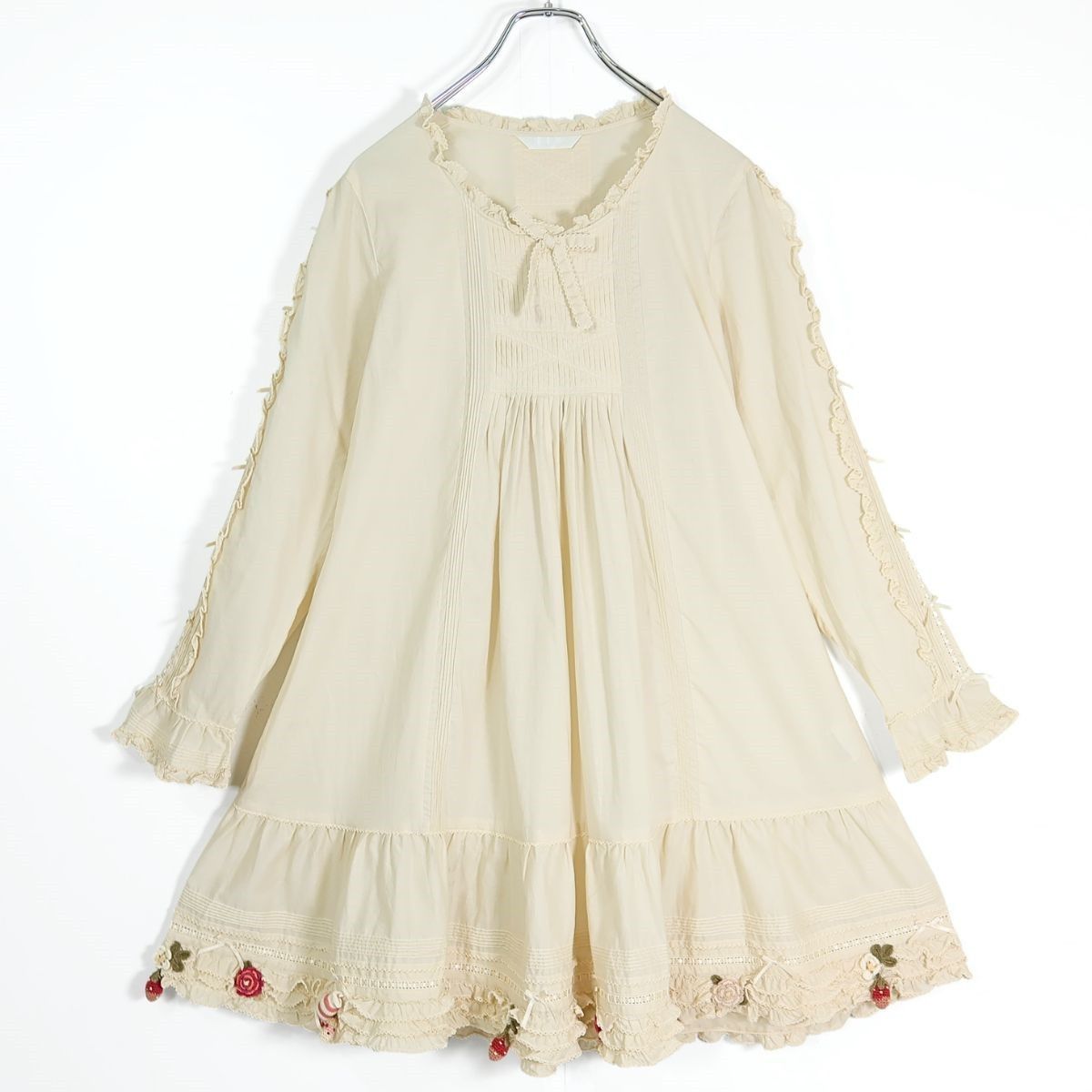 【美品】ピンクハウス★苺やキャンディーモチーフが可愛い♪ 綿ローンチュニック・ミニワンピース はしごレース 生成り系 z19525