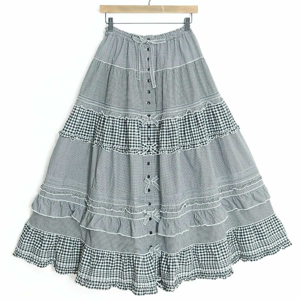【美品】ピンクハウス★ギンガムパッチワーク♪前開きローンスカート 黒系 フリル&リボンいっぱい♪2023年 z19295
