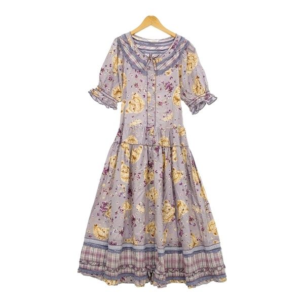 PINK HOUSE ピンクハウス 半袖 ロング ワンピース スカート レース リボン チェック 花柄 すみれ くま レディース パープル系 トップス IL18870■