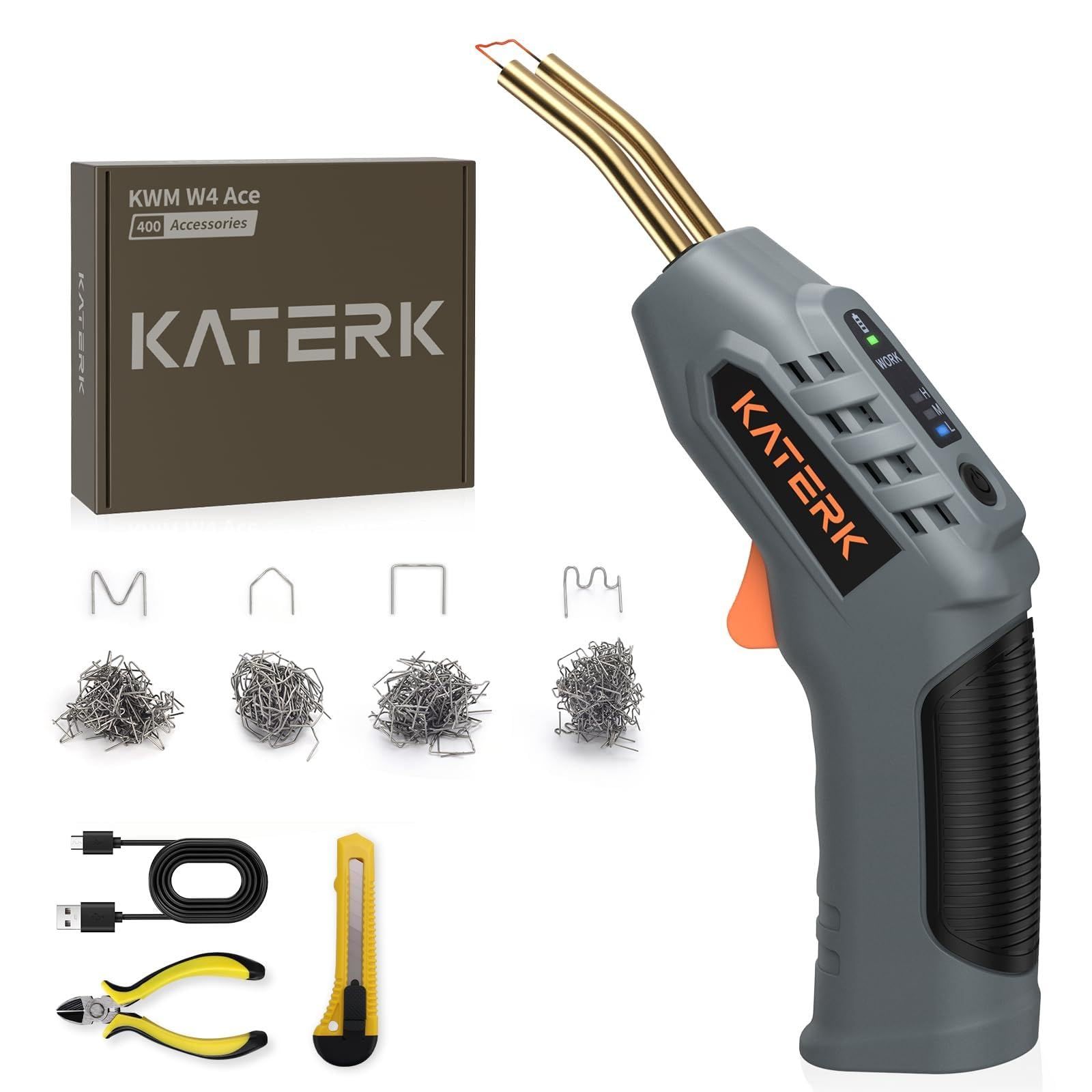 ☆新品☆Katerk プラスチック溶接機 コードレス 4種200本の溶接釘付き 3段階温度調整 3秒高速加熱 LEDライト付き USB充電式 カーバンパー修理ツール 溶接修理機 溶接機ガン 携帯型 プラスチックリペアキット バンパー補修・DI e68d8302