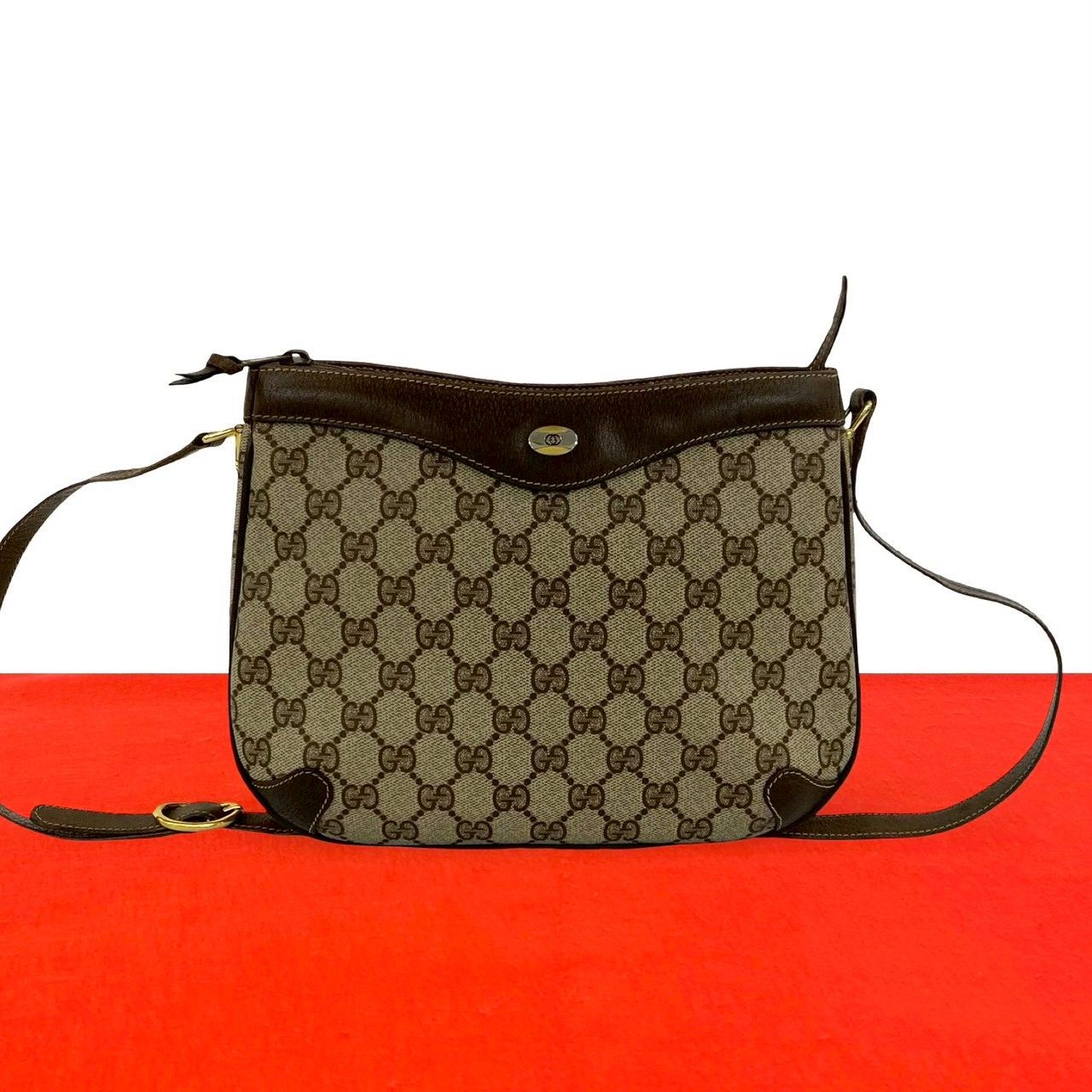 極 美品 GUCCI グッチ オールドグッチ ヴィンテージ GG ロゴ 金具 レザー ショルダーバッグ ポシェット サコッシュ ブラウン 49728