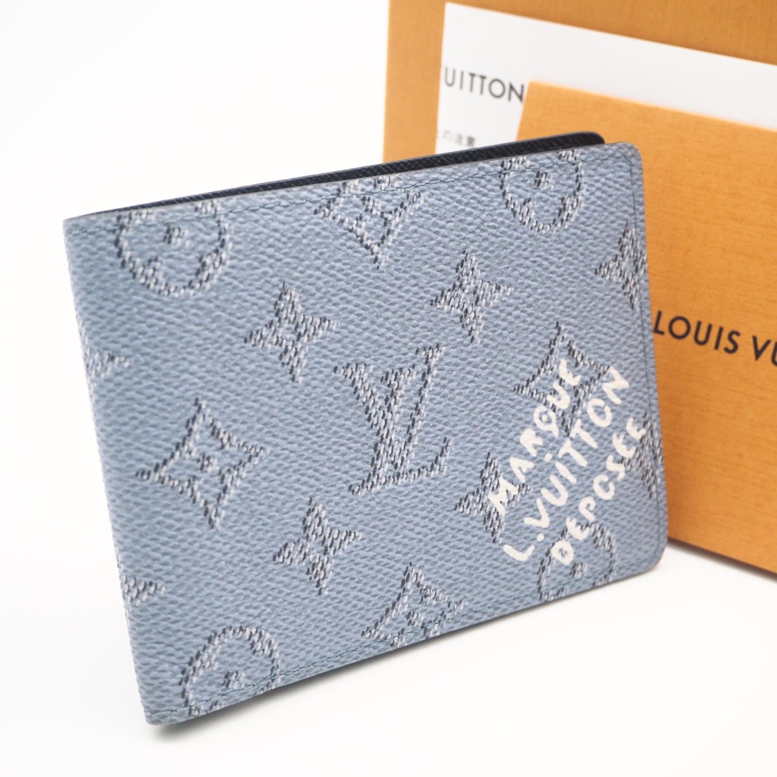 ★3日以内返品可★ 美品 LOUIS VUITTON ルイ・ヴィトン モノグラム ヘリテージ キャンバス ポルトフォイユ ミュルティプル M14691 三つ折り財布 ブルー コーティングキャンバス レザー メンズ