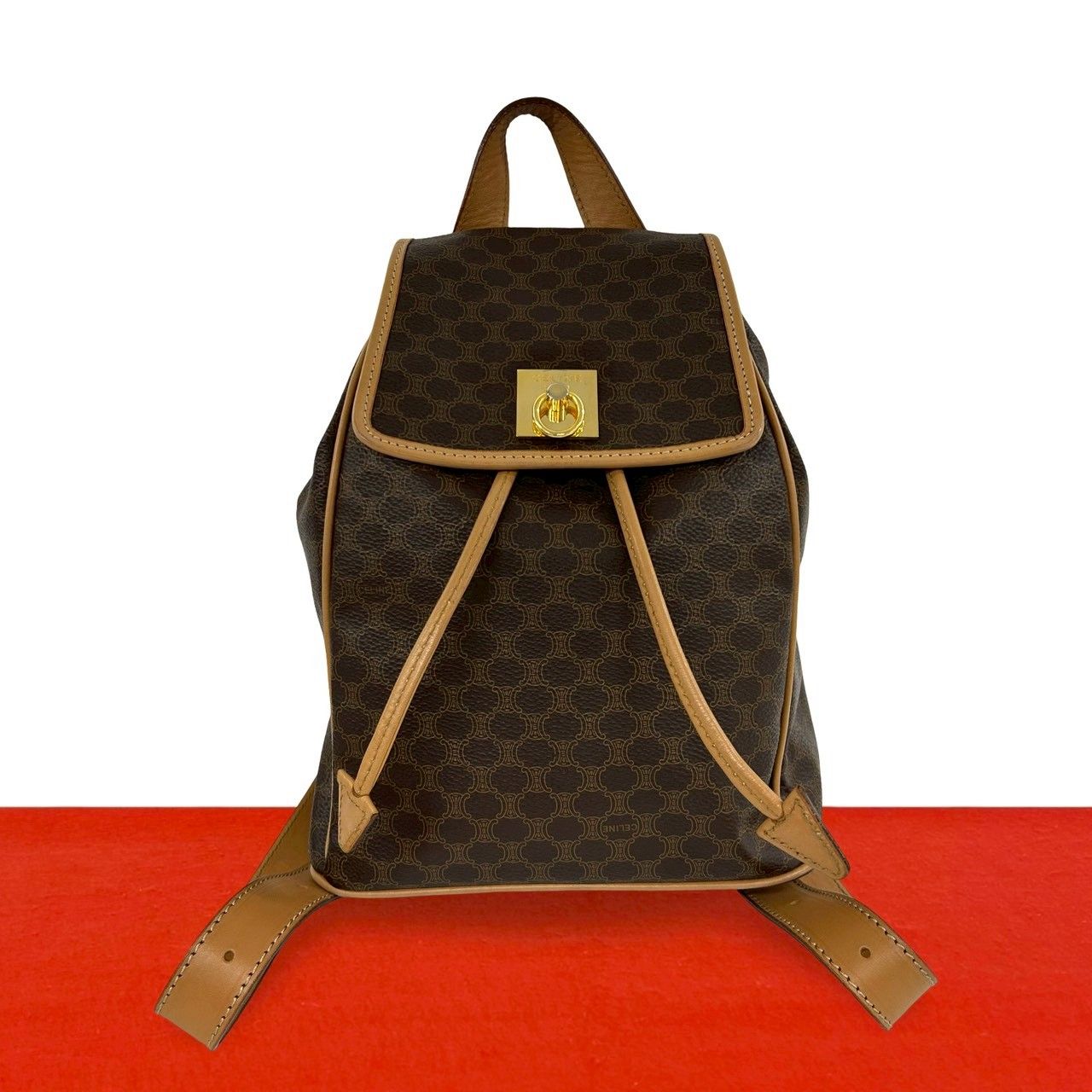 極 美品 CELINE セリーヌ ヴィンテージ マカダム ブラゾン トリオンフ 柄 ロゴ リング金具 レザー リュックサック デイパック ブラウン