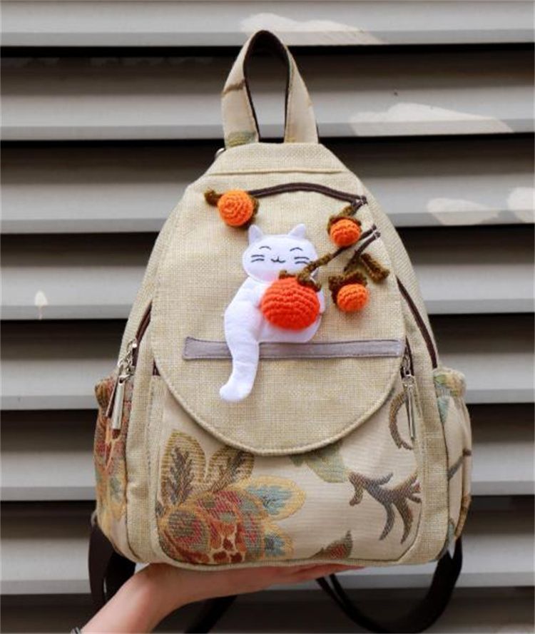 立体ハンドメイド ミニリュック 柿猫 軽量 レディース 可愛い ネコ好き 通勤 通学
