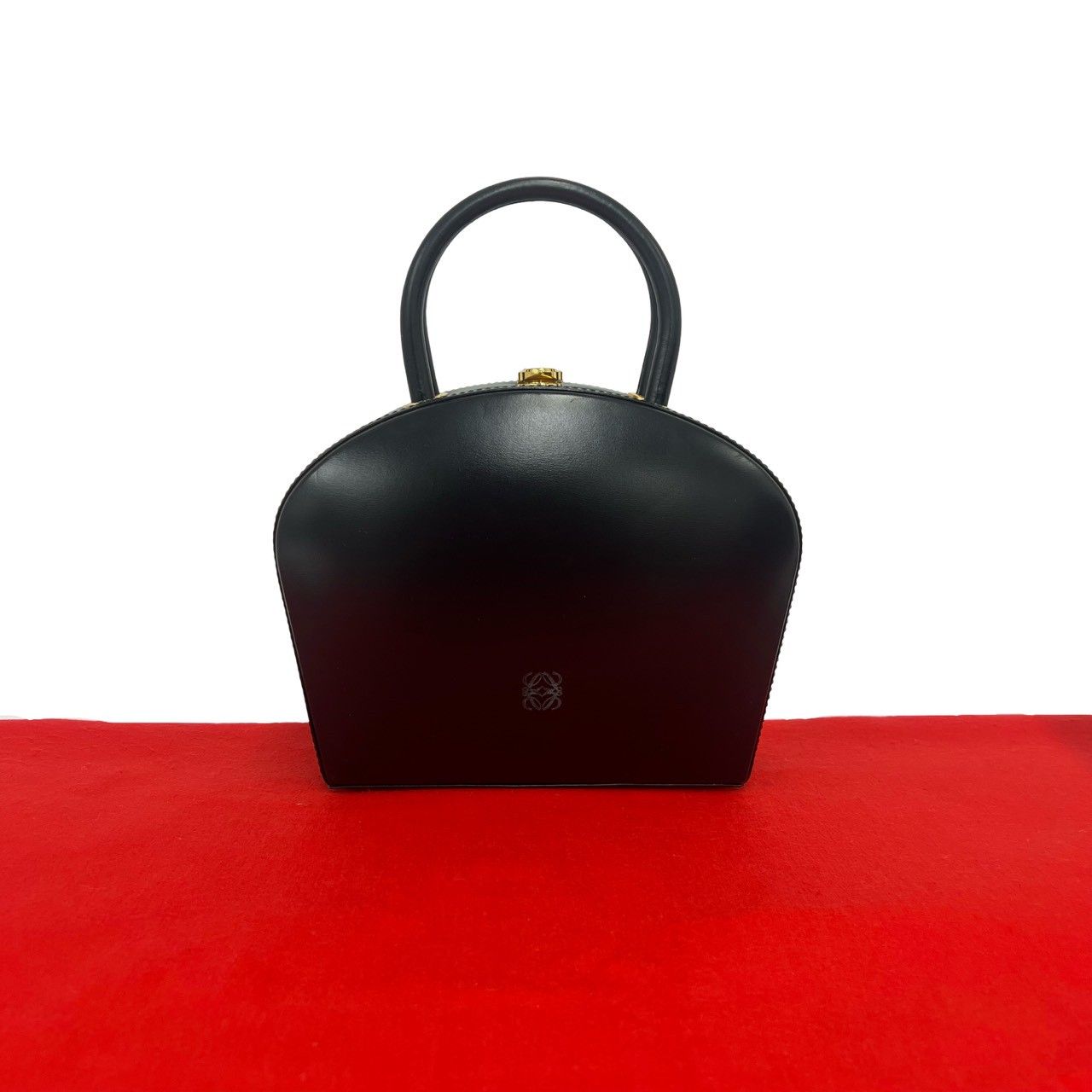 極 美品 LOEWE ロエベ ヴィンテージ アナグラム ロゴ 金具 カーフ レザー 本革 ハンドバッグ ミニ トートバッグ ブラック 黒 47707