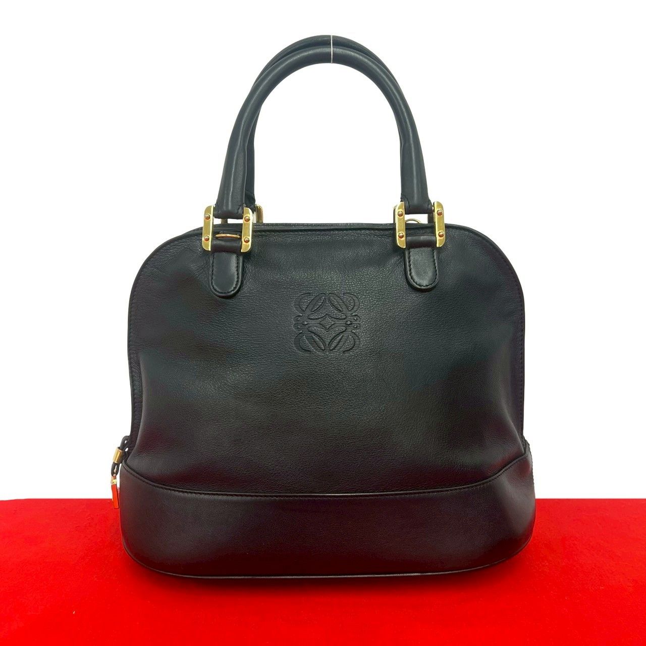 極 美品 LOEWE ロエベ ヴィンテージ アナグラム ロゴ 刻印 レザー 本革 ハンドバッグ トートバッグ ミニ ボストンバッグ ブラック 61956