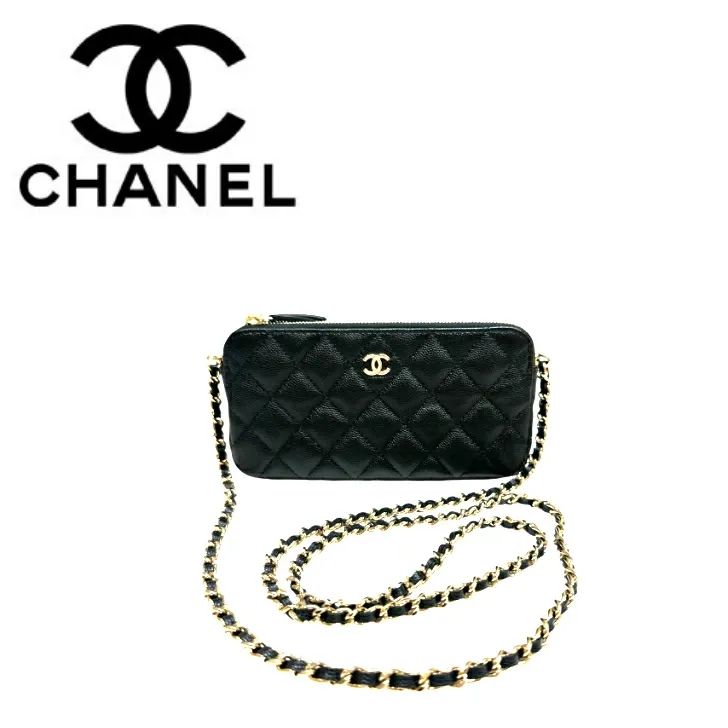 【中古美品】CHANEL シャネル A82527 キャビアスキン マトラッセ Wファスナー チェーンウォレット ブラック