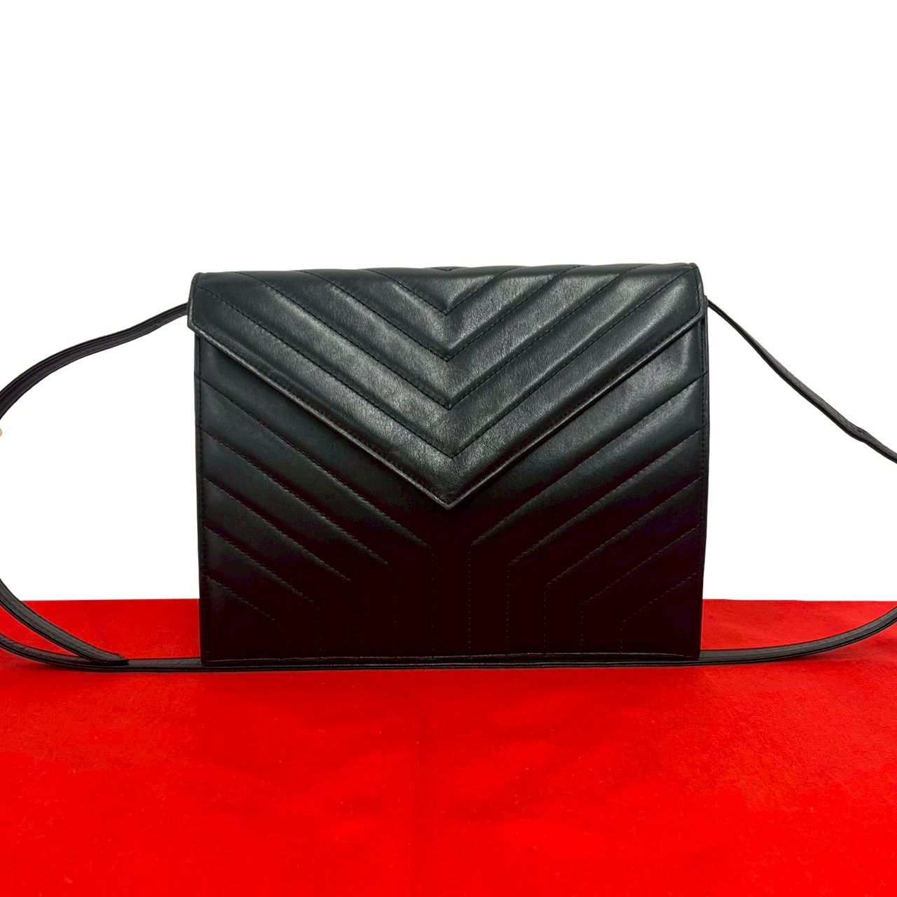 極 美品 YVES SAINT LAURENT イヴ・サンローラン ヴィンテージ ステッチ レザー 本革 ショルダーバッグ ポシェット ブラック 27179