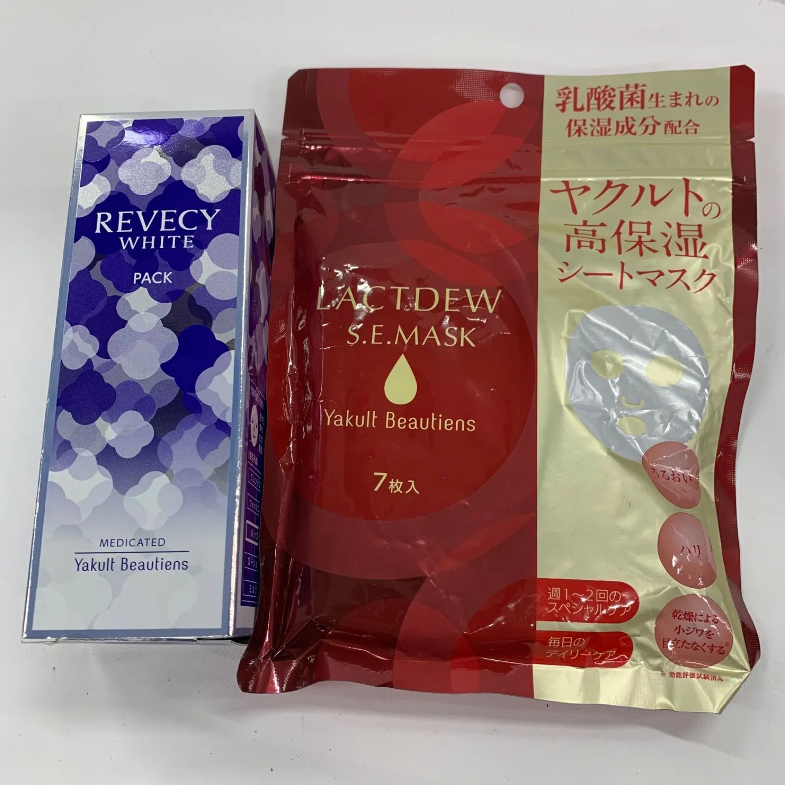 M4454 Yakult Beautiens ヤクルト ビューティエンス LACTDEW S.E.Mask ラクトデュウS.E.マスク 7枚入(120ml)・REVECY WHITE PACK リベシィホワイト クレイパックb 100g 計2点セット
