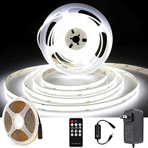 AXMOTUT COB LEDテープライト5m 24V 昼光色 6000K 高輝度 調光可能 高密度 フレキシブル LEDテープライト 付きRF リモートおよび PSE認証電源 切断可能 取付簡単 工具不要 非防水 店舗 室内 ホーム装飾用 379c3984