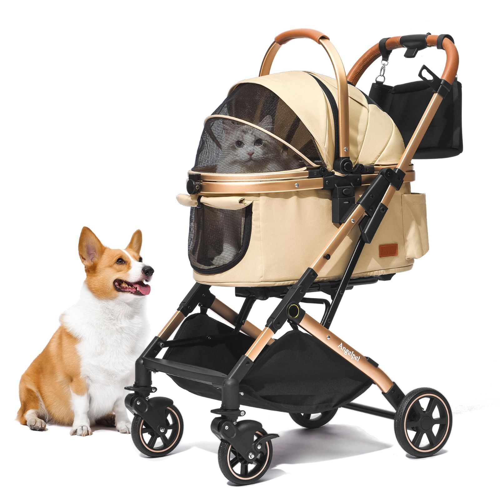 ペットカート 分離型 【特許登録済み】猫 犬用 バギー いぬ用 4輪 前輪360°回転 前後輪ブレーキ付き 組み立て簡単 コンパクト 軽量 折りたたみ式 耐荷重25Kg 猫 小型犬多頭 中型犬 分離型ドッグカートカート用バッグ付き カーキ&