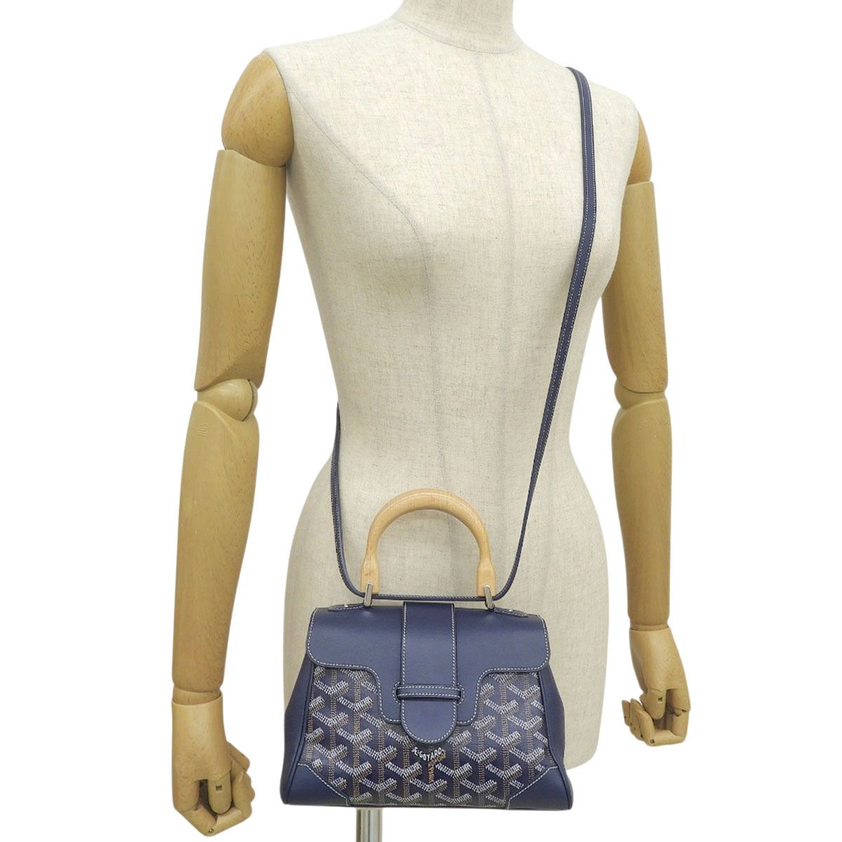 GOYARD(ゴヤール) サイゴン ミニ ハンドバッグ 2WAY ショルダー 肩掛け 斜め掛け ワンハンドル レザー ウッド ゴヤールディンキャンバス ネイビー紺 シルバー金具 レディース 40802185449【中古】【アラモード】