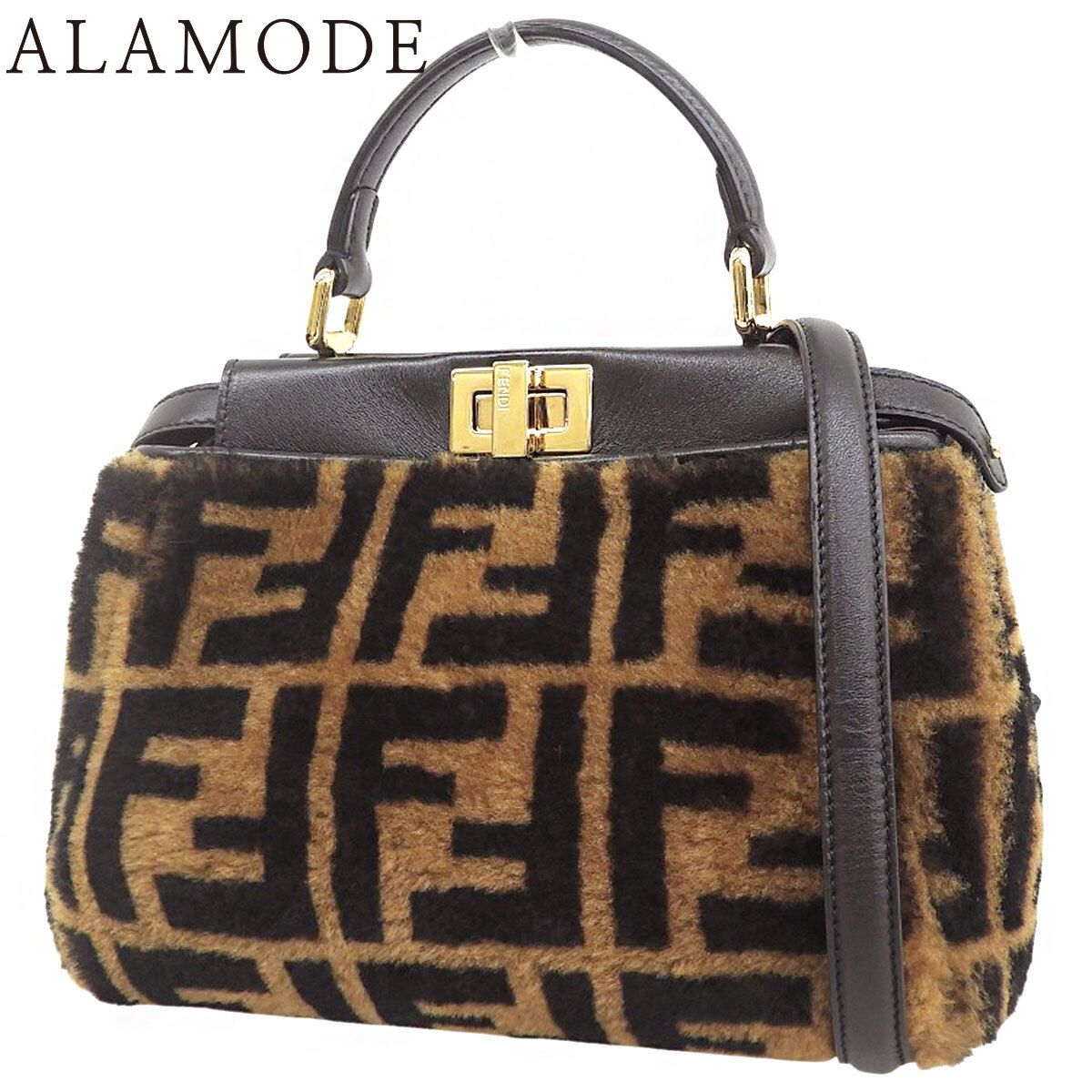 FENDI(フェンディ) ピーカブー ミニ ハンドバッグ ズッカ柄 2WAY ショルダー 肩掛け 斜め掛け レザー ファー ブラウン茶 ブラック黒 ゴールド金具 8BN244 レディース 40802191386【中古】【アラモード】