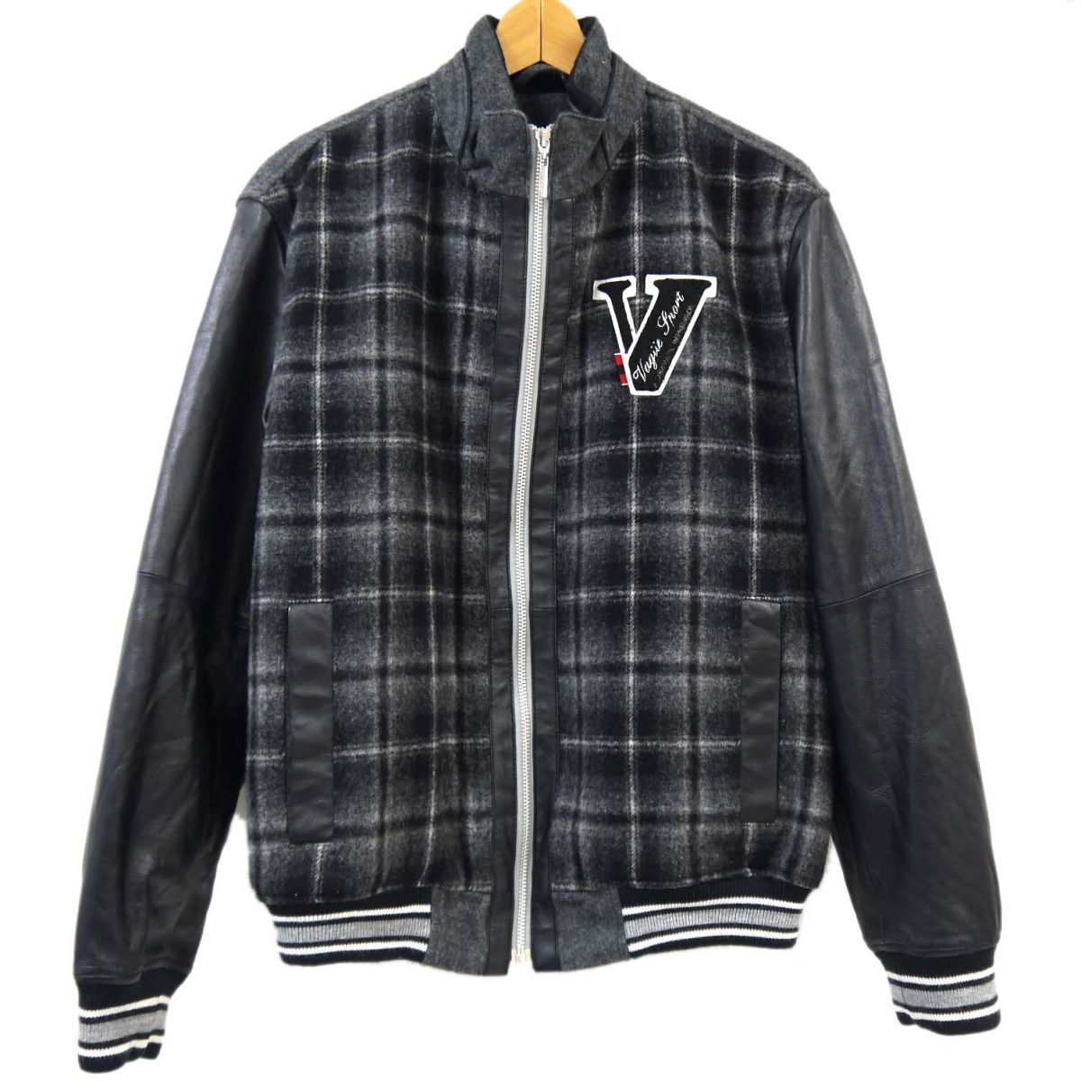 ◆VAGIIE バジエ 袖革スタジャン チェック柄切替 羊革 シープスキン 中綿入り ブルゾン メンズ