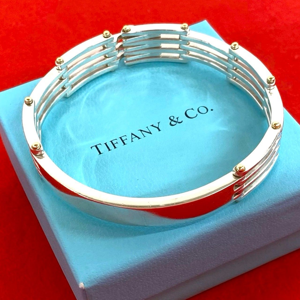 極 美品 TIFFANY&Co. ティファニー ゲート ID ブレスレット シルバー925 K10イエローゴールド バングル アクセサリー シルバー 17228