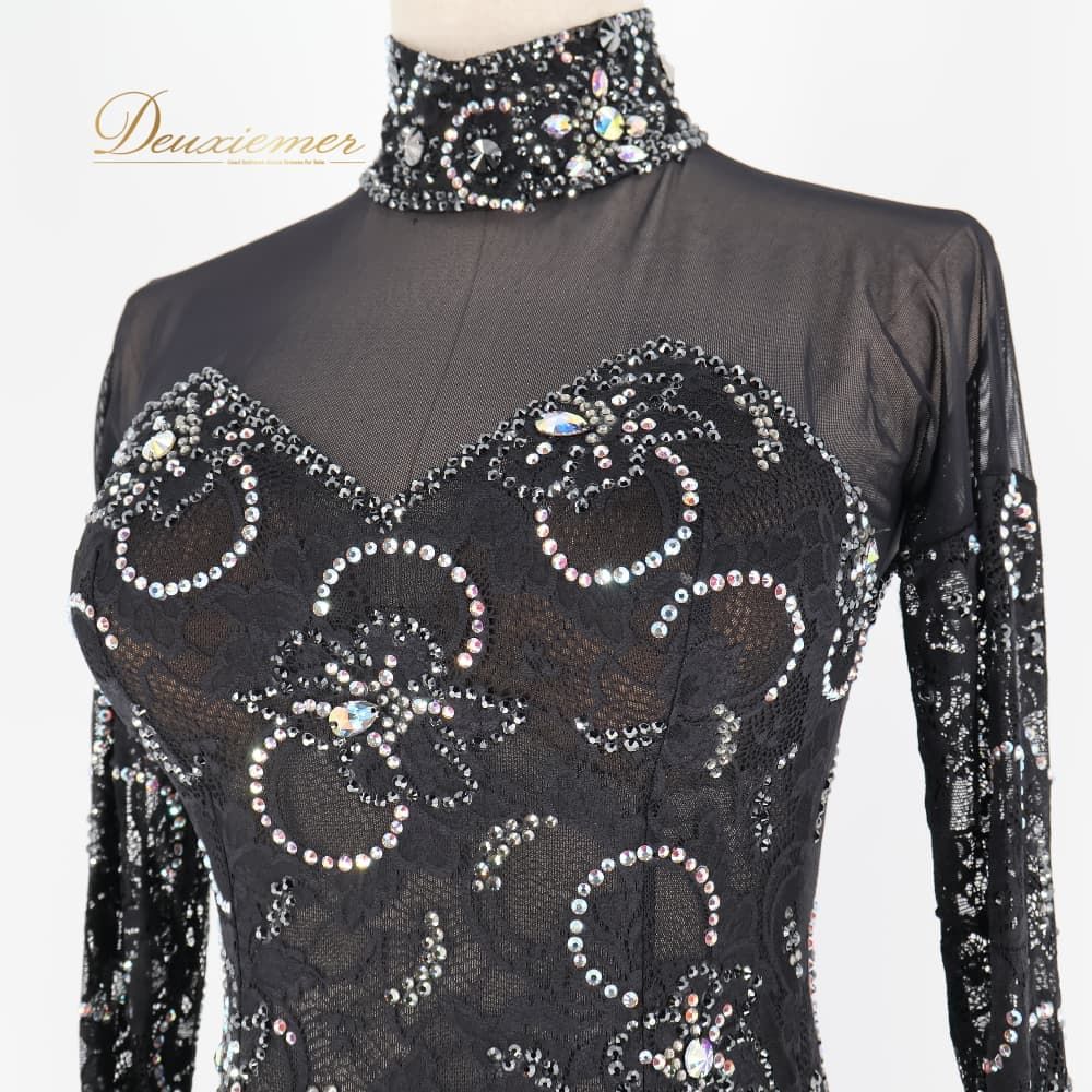 社交ダンス 衣装 Centini Alta Moda ドレス ワンピース スタンダード ブラック系 黒 無地 レース デモ 競技 ダンス パーティ 発表会 レディース ダンスウェア上品