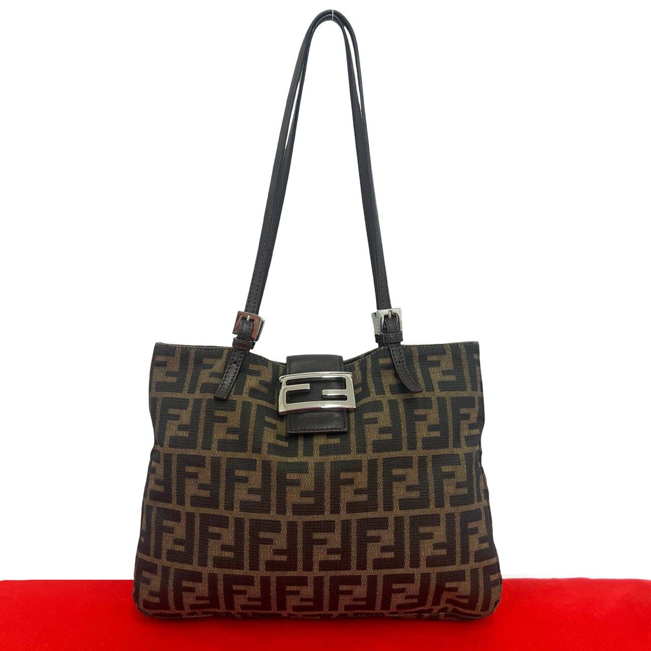 極 美品 FENDI フェンディ ズッカ FF 柄 ロゴ 金具 キャンバス レザー 本革 トートバッグ セミ ショルダーバッグ ブラウン ブラック 62806