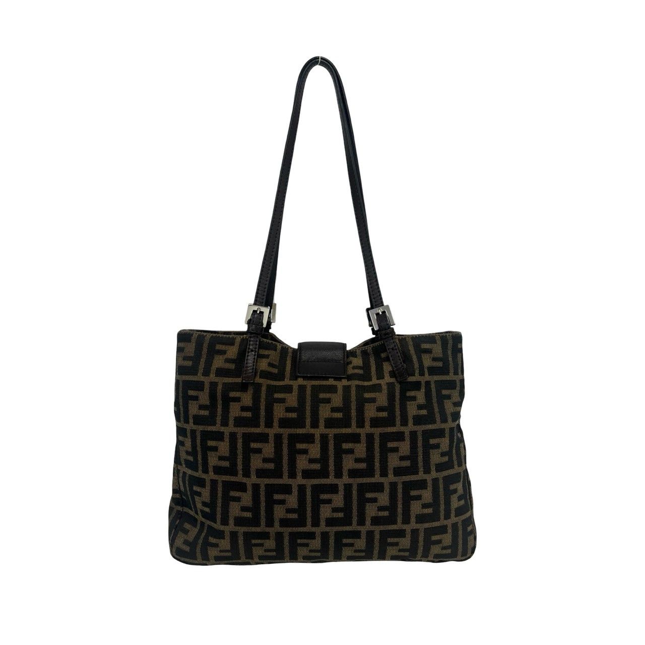 極 美品 FENDI フェンディ ズッカ FF 柄 ロゴ 金具 キャンバス レザー 本革 トートバッグ セミ ショルダーバッグ ブラウン ブラック 62806
