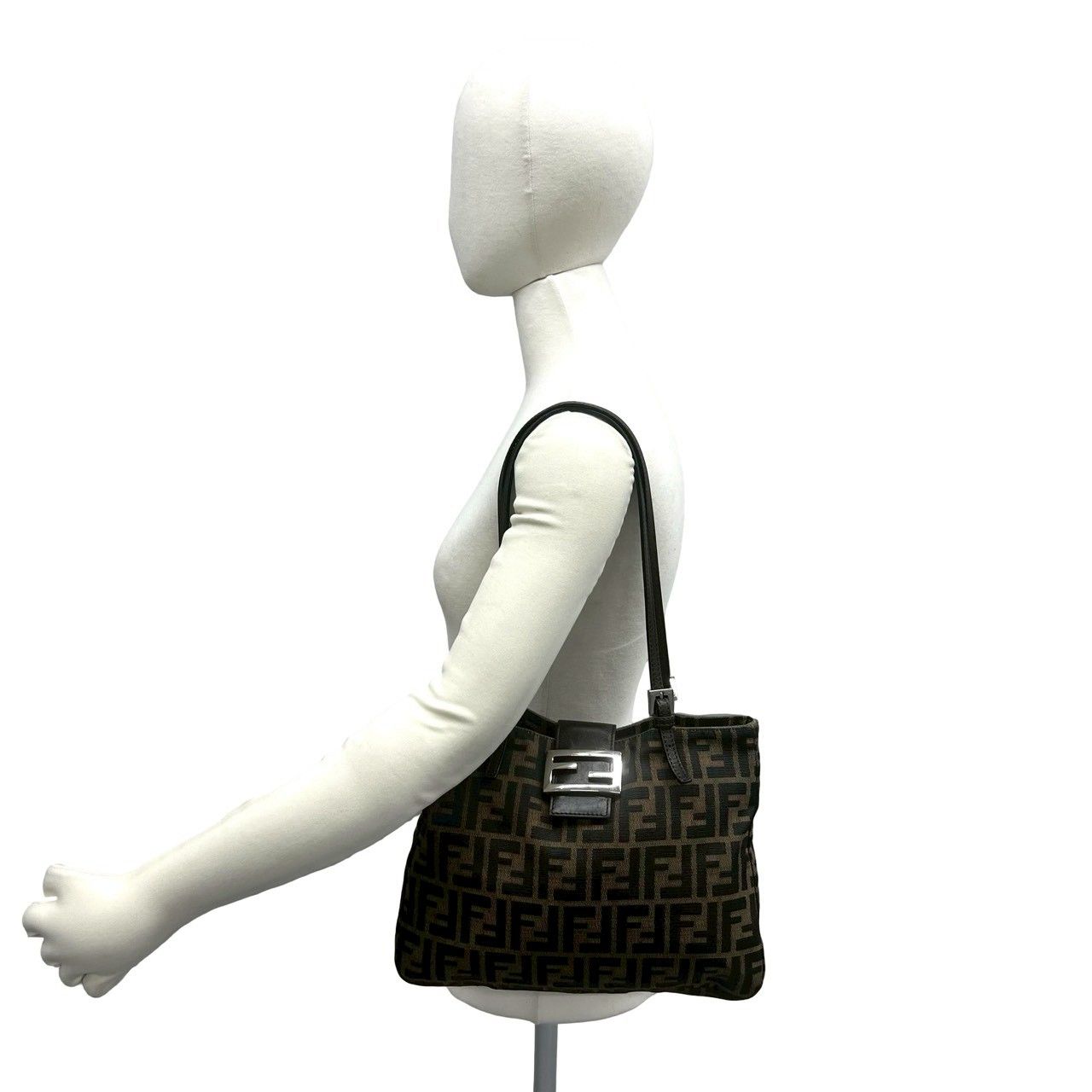 極 美品 FENDI フェンディ ズッカ FF 柄 ロゴ 金具 キャンバス レザー 本革 トートバッグ セミ ショルダーバッグ ブラウン ブラック 62806
