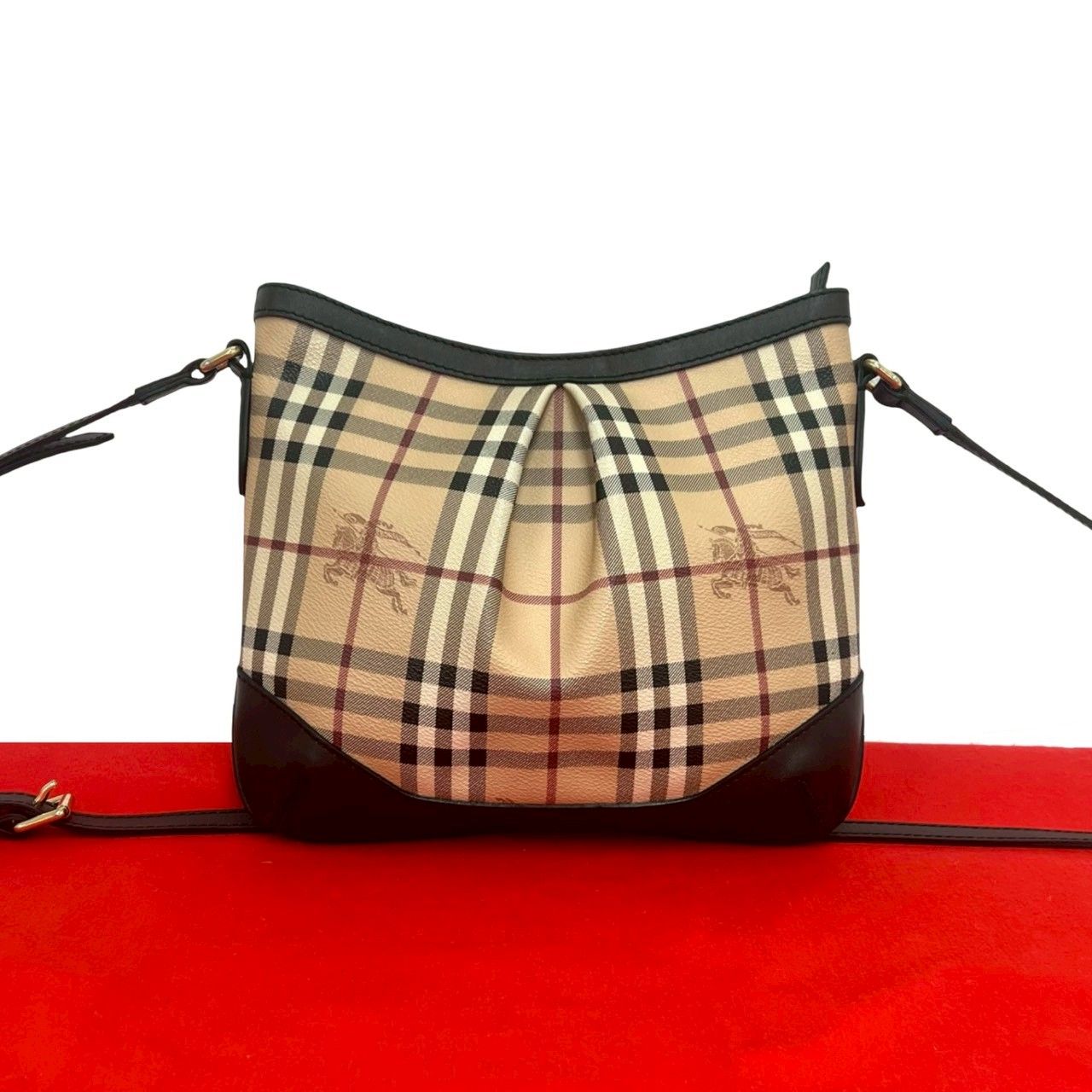 極 美品 BURBERRY バーバリー ノバチェック 柄 シャドーホース ロゴ レザー ショルダーバッグ ポシェット ブラウン ベージュ 96406