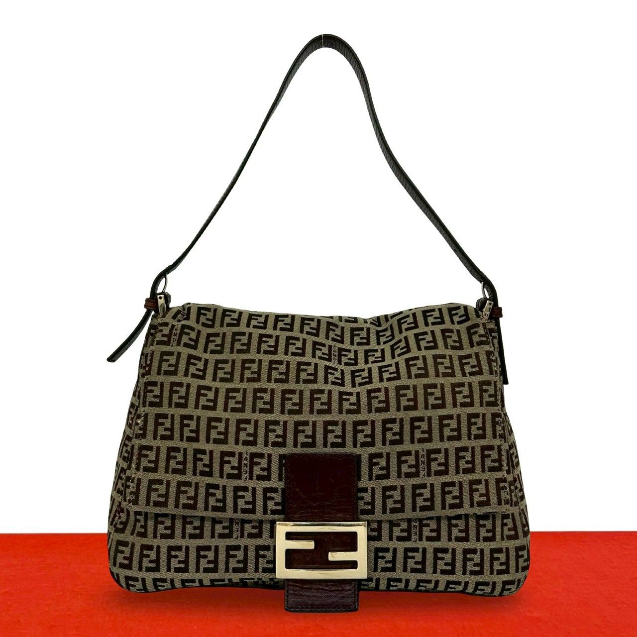 極 美品 FENDI フェンディ ズッキーノ FF 柄 ロゴ 金具 キャンバス レザー 本革 セミ ワン ショルダーバッグ ハンドバッグ ブラウン 76573