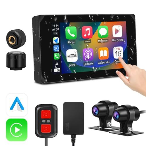 VSYSTO バイク用スクリーンプロジェクター バイクのCarplay 5インチ防水タッチスクリーン 1080P 前後カメラ25FPS 無線スクリーン機能 タイヤ空気圧データ機能 WIFI ワイヤードリモコン GPS機能 防水IP65 星空ナイトビジョン メt