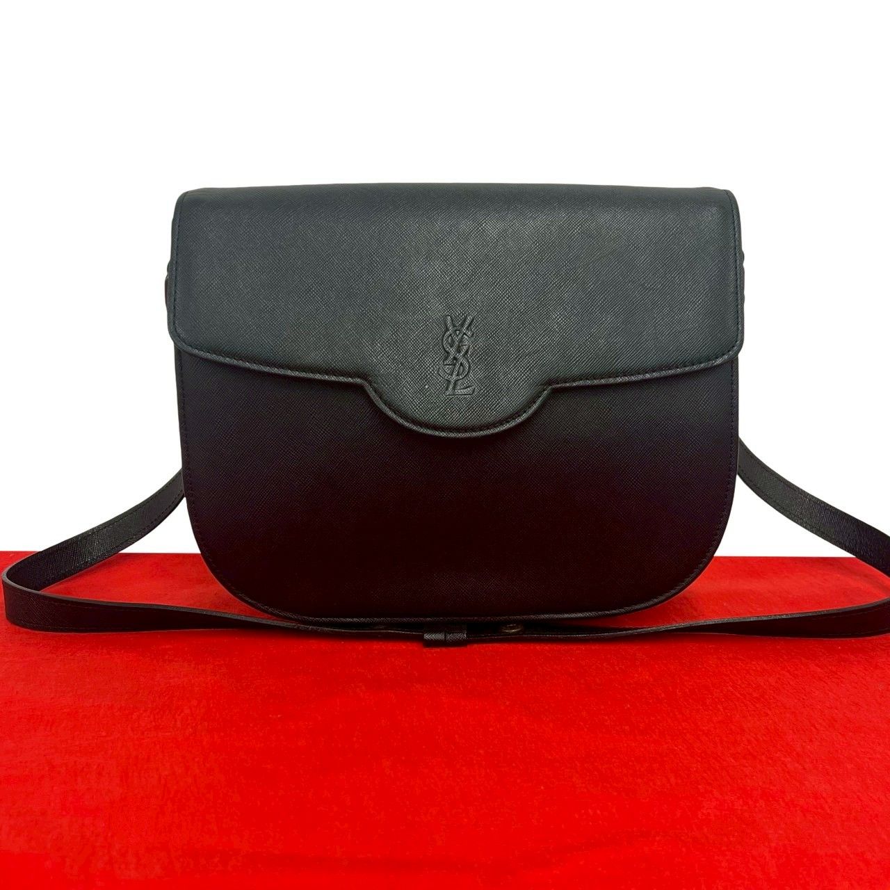 極 美品 YVES SAINT LAURENT イヴサンローラン ヴィンテージ YSL ロゴ レザー 本革 ショルダーバッグ ポシェット ブラック 64052