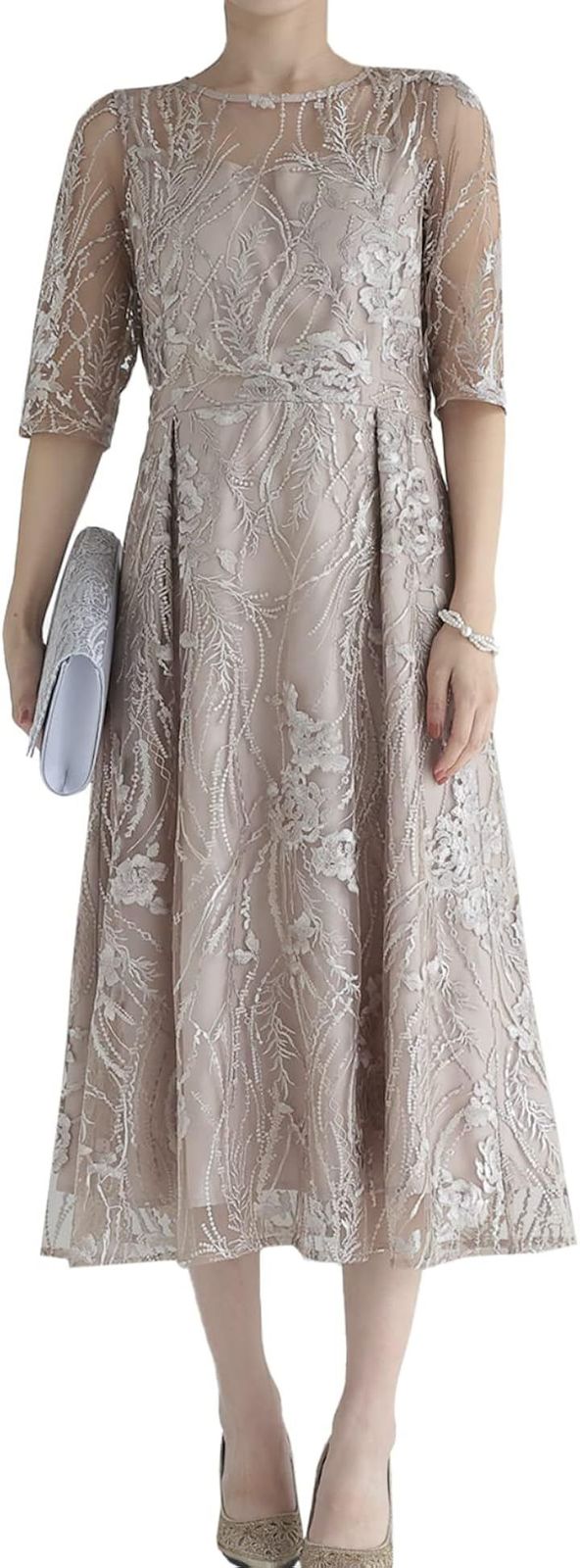 AUNI(アウニイ) パーティ ワンピース ドレス レディース 結婚式およばれワンピース パーティードレス (ベージュ / 155, 3L)