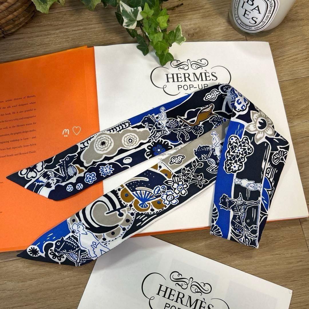 HERMESエルメス　ツイリー　ビンガタ　シルクスカーフ　和柄　琉球紅型　マリン