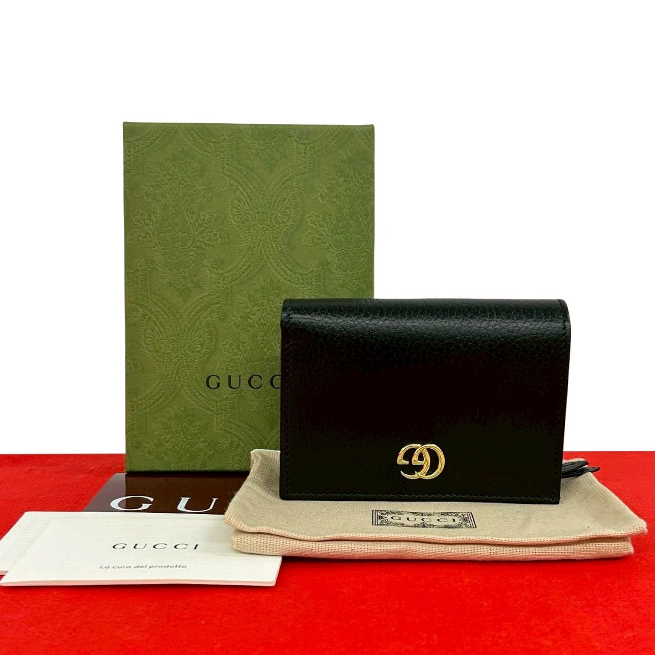 未使用保管品 箱付き GUCCI グッチ ダブル G 金具 スモール ウォレット 日本限定 レザー 本革 ミニ 二つ折り 財布 ブラック 黒 01284