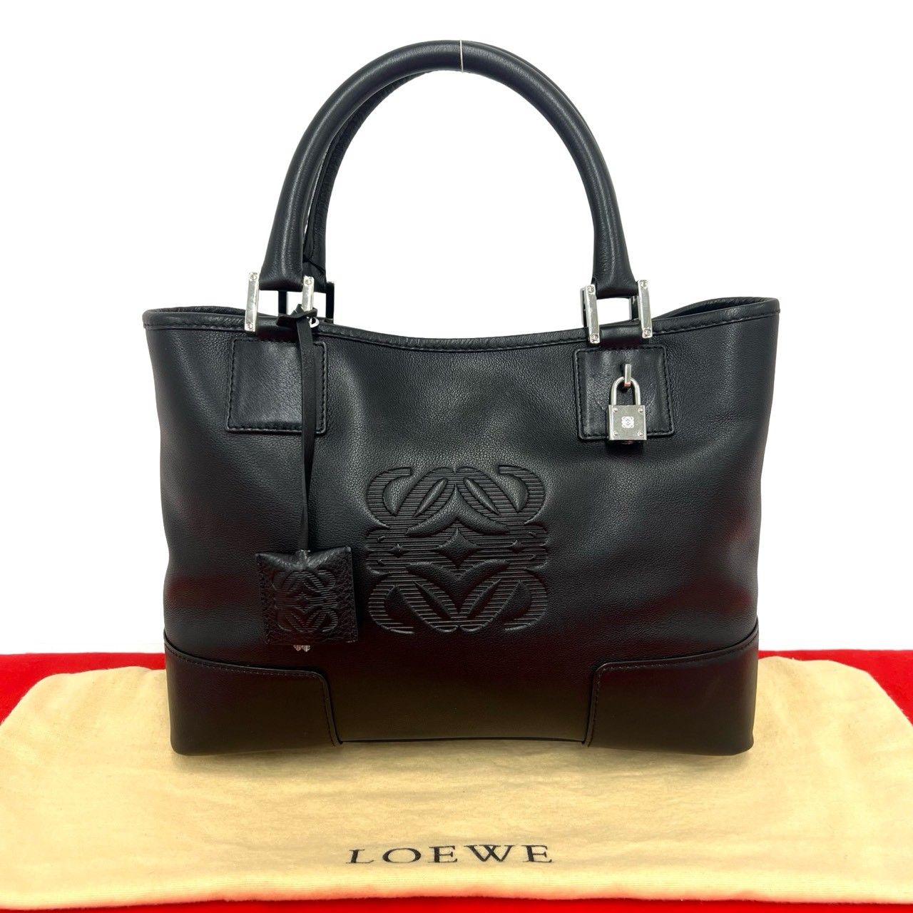 ほぼ未使用 希少品 保存袋 鍵付き LOEWE ロエベ アナグラム ロゴ 刻印 レザー 本革 ハンドバッグ ミニ トートバッグ ブラック 黒 23678