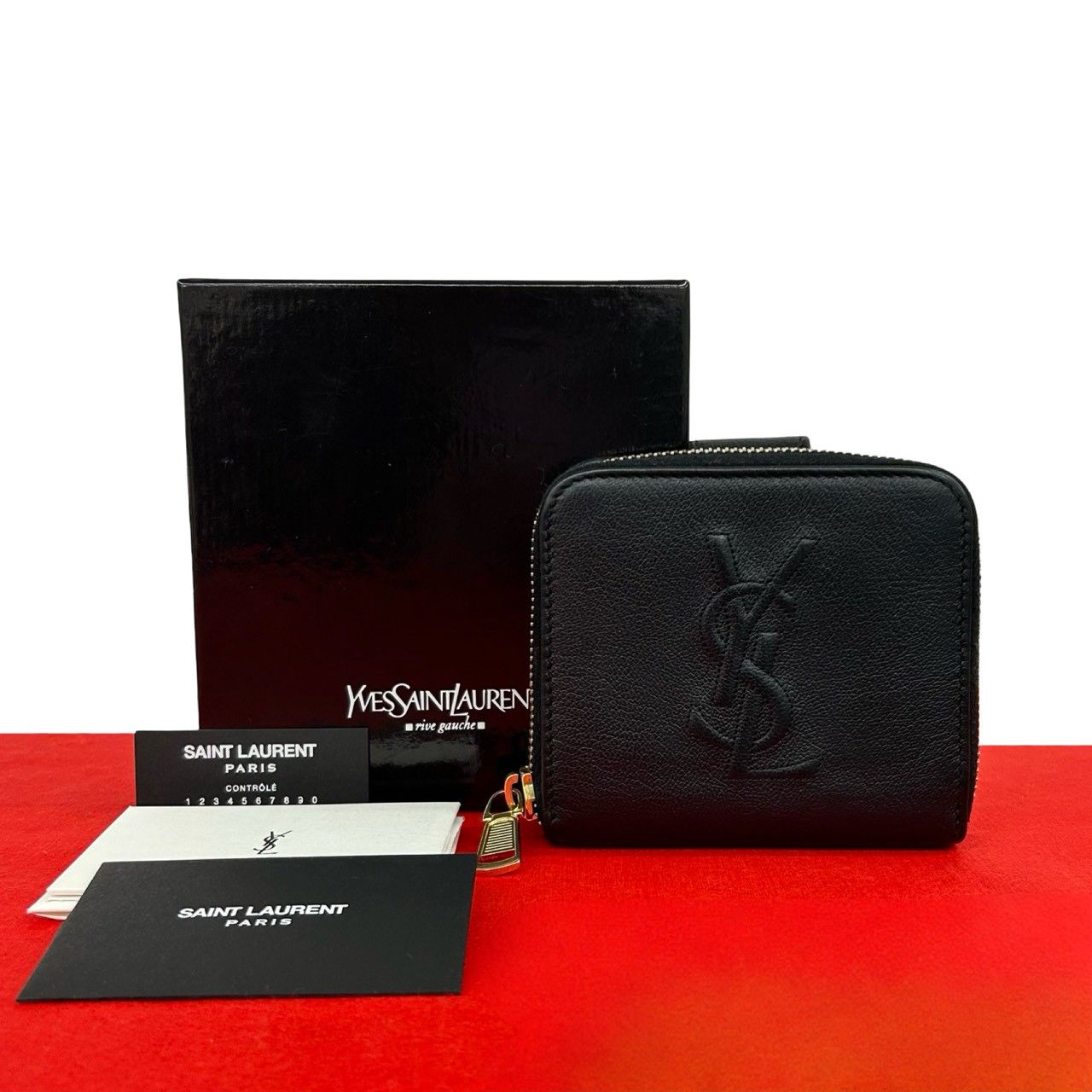 極 美品 箱付き YVES SAINT LAURENT イヴ・サンローラン YSL ロゴ レザー 本革 二つ折り 財布 ラウンドジップ ウォレット ブラック 62086