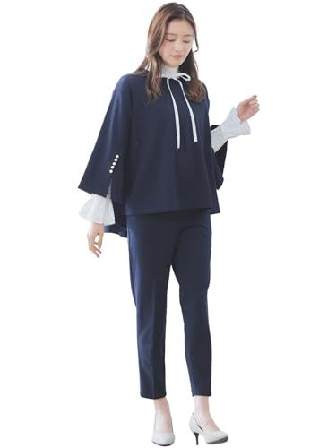 [リリヤーノ] スーツ レディース ブラウス パンツ セット 袖 パール 付き Aライン ママスーツ オフィス トップス 大きいサイズ フォーマル ネイビー ブラック きれいめ オフィスカジュアル(沖縄・離島の方発送不可）) 4a95112d