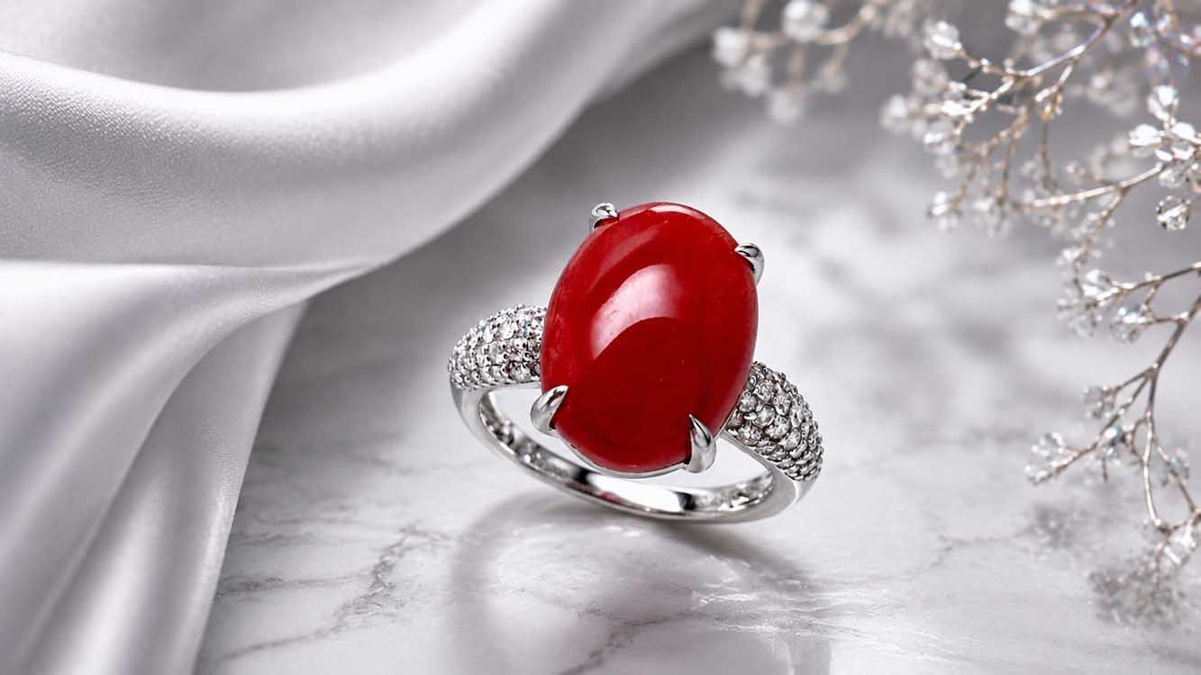 血赤珊瑚 ダイヤモンドリングPt950 6.20g 13号 GRJソーティング付き　Jewelry Oxblood Coral7.00ct Dia0.45ct Ring 76,890円